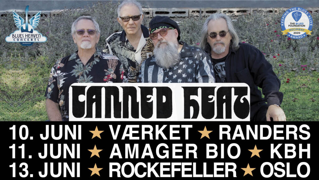 De legendariske ukronede amerikanske blues & boogie-konger »Canned Heat« er tilbage. I forbindelse med udgivelse af nyt studiealbum “Finyl Vinyl” 5. april, kommer »Canned Heat« en sidste gang til Europa i juni hvor de efter knap 10 år atter kan opleves på to eksklusive koncerter i Danmark og en i Norge.