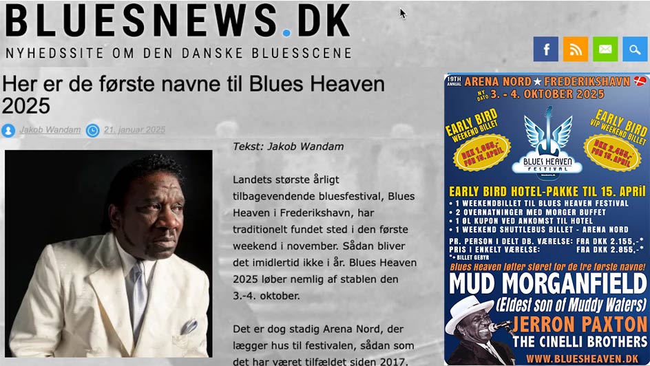 Stor tak til Jakob Wandam fra de danske/norske Bluesnews musik medier, som endnu engang er på pletten med en fyldestgørende artikel om de tre første artister som gæster Blues Heaven 3. – 4. oktober 2025