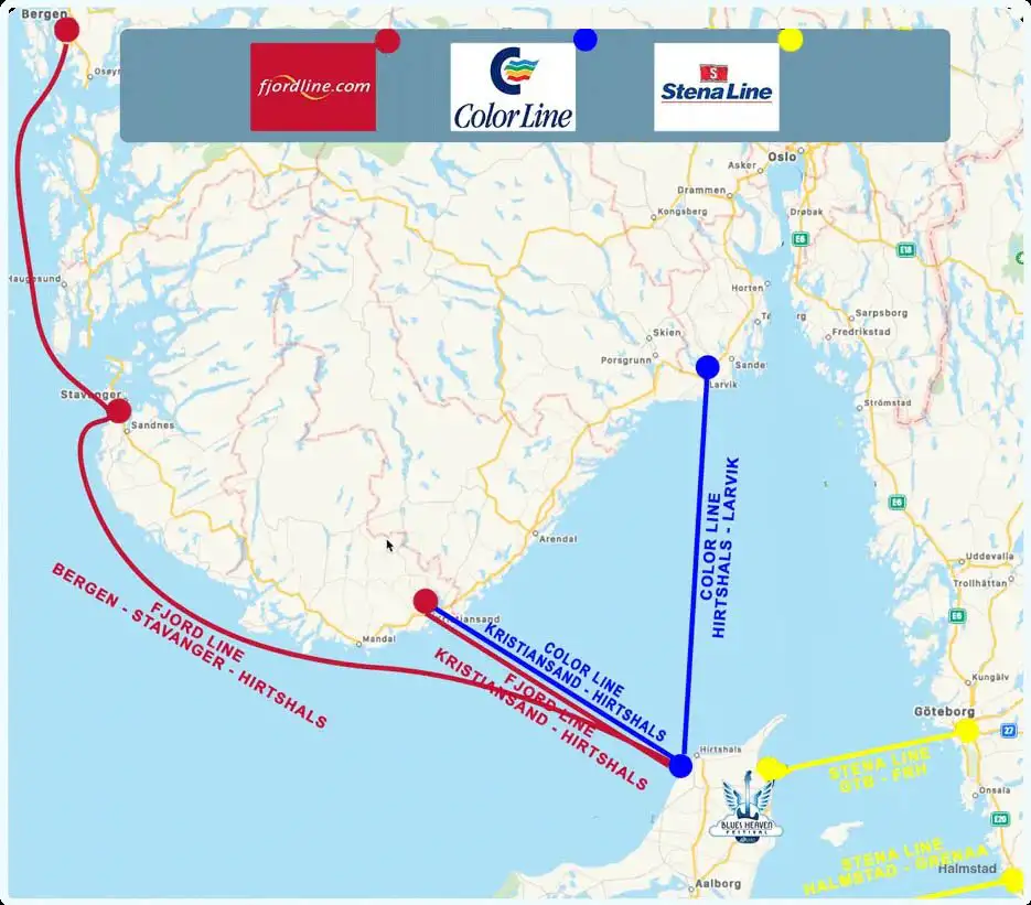 faerger-2026 Kort over færgeruter til Norge: Fjord Line (Bergen–Stavanger–Hirtshals og Kristiansand–Hirtshals), Color Line (Hirtshals–Larvik og Kristiansand–Hirtshals) og Stena Line (Göteborg–Frederikshavn og Halmstad–Grenaa)